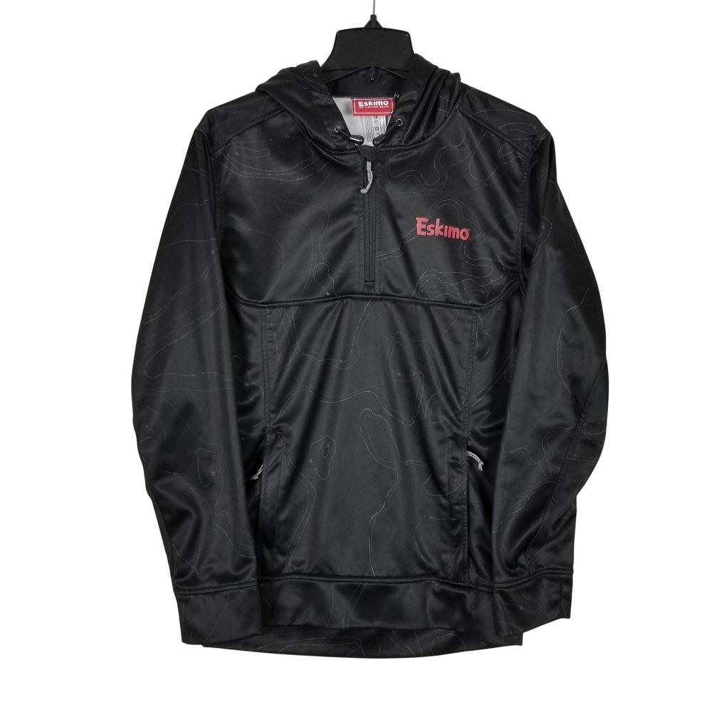 Eskimo Ice Fishing Gear Hoodie Men Small Black Topo Print Quarter Zip Pullover